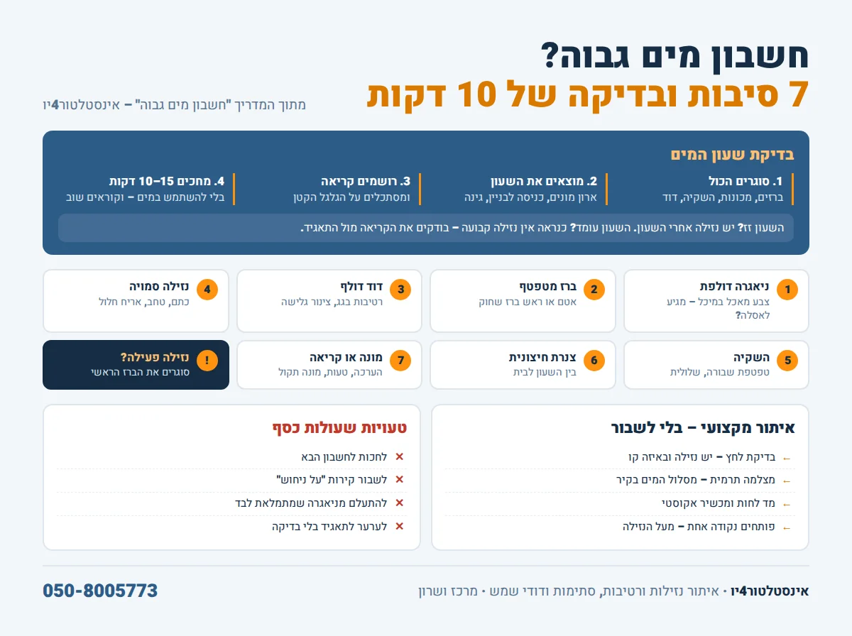 אינפוגרפיקה: בדיקת שעון מים ב-4 שלבים, 7 סיבות לחשבון מים גבוה, איתור נזילות מקצועי וטעויות נפוצות